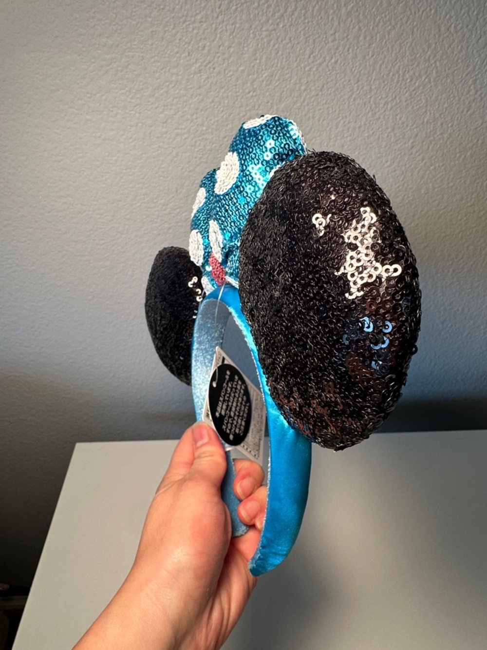 NWT Sequin Minnie Mouse Ears Headband - Blue White Polka Dot Bow - Picture 4 of 6